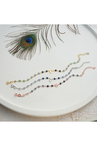 Queen Silver Jewelry  925 Ayar Gümüş Harf Bileklik Mavi Renk Geçişli Tamtur Altın