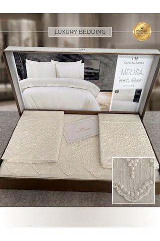 Capital Home Dantelli Çift Kişilik Nevresim Takımı 4 Lü Set Krem