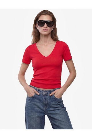 Koton Pamuklu Slim Fit Kısa Kollu V Yaka Tişört Kırmızı 6sak50425ek