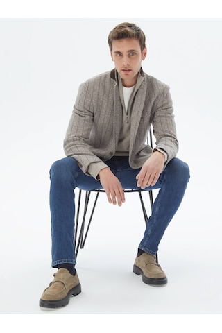Kip Kahverengi Çizgili Modern Fit Pamuk Karışımlı Örme Ceket Kahverengi