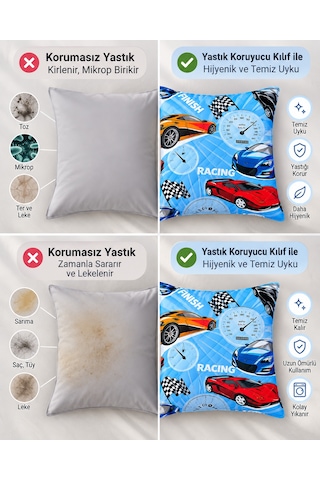 Kapitone Fermuarlı Yastık Alezi 50x70 Cm Pamuklu Yastık Koruyucu Kılıf Elyaf Dolgulu Mavi Araba