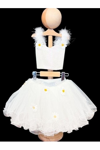 Kız Çocuk Papatyalı Pullu Croplu Tütü Etekli Takım-15765 Beyaz