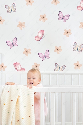 Soft Renklerde Kelebekler Ve Çiçekler Çocuk Bebek Odası Cam Duvar Sticker Seti