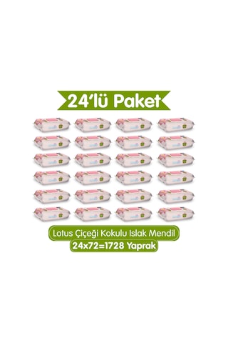 Lotus Çiçeği Kokulu Islak Mendil 1728 Yaprak (24x72 Koli - Yumuşak Dokulu %0 Alkol