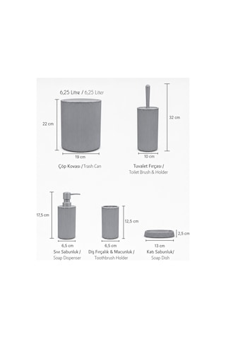 5 Li Banyo Seti Çizgili Tasarım 6,25 L Çöp Kovası + Wc Fırçası + Sıvı Sabunluk + Diş Fırçalık + Katı Sabunluk Modern Banyo Aksesuar Seti Gri