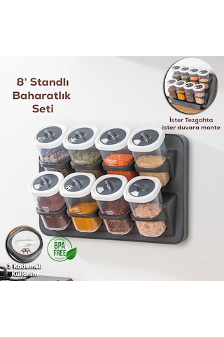 Porsima 1122 360 Döner Kapaklı Etiketli Baharatlık Seti Antrasit - Beyaz