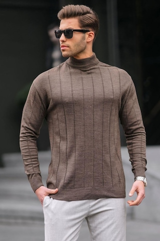 Madmext Koyu Kahverengi Slim Fit Yarım Balıkçı Yaka Çizgili Tüylenmeyen Erkek Triko Kazak 6344