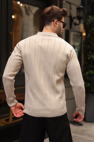 Madmext Taş Rengi Polo Yaka Desenli Over Fit Erkek Triko Kazak E7517