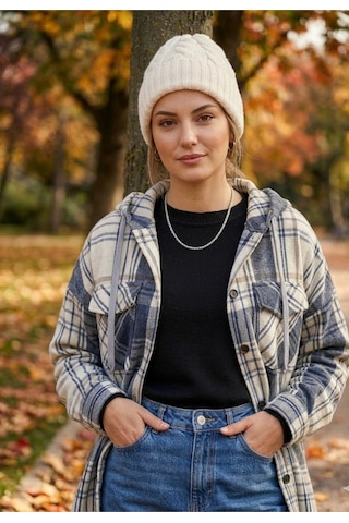 Polologin Butik Kapüşonlu Ekose Oduncu Gömlek Ceket - Mavi/ekru Mavi