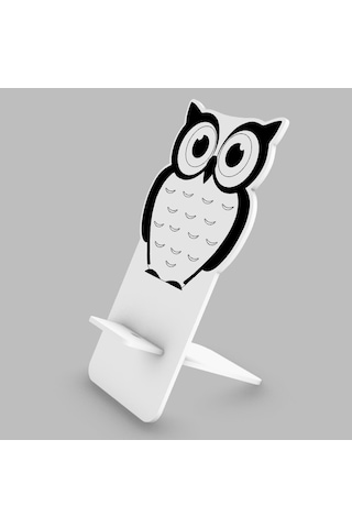 1 Fark - Ahşap Masaüstü Figürlü Telefon Standı -  Baykuş - Beyaz