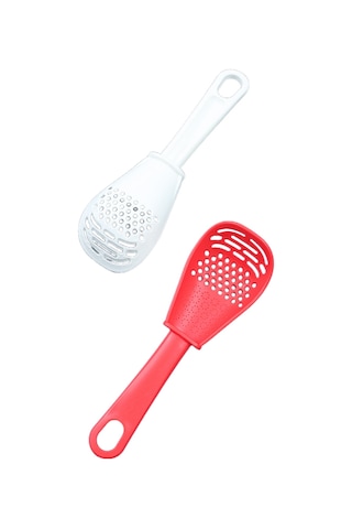 Youmex 2'li Mutfak Çok İşlevli Kaşık Seti: Yumurta Ayırıcı, Ezici, Süzgeç, Wisk Ve Rendeleyici - Kırmızı Ve Beyaz Abs Plastik Beyaz - Kırmızı