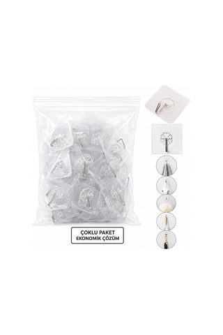 İbico İ17-023 Askı 10 Adet Tekli Metal Uçlu Mika Kristal Pls. Tabanlı Şeffaf Pvc Yapışkanlı Montaj - 25'li Paket