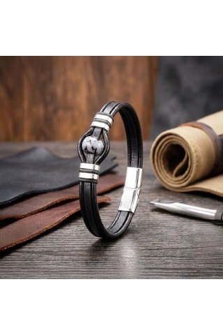 Moncuk Design Snowy Obsidian Rondela Doğaltaş Ve Deri Çelik Bileklik 33512b14d8 Siyah