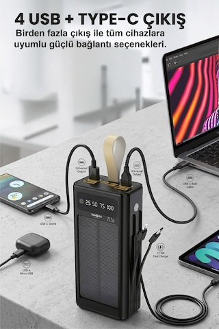 30.000 Mah Powerbank Güneş Enerjili Solar Hızlı Şarj Göstergeli El Fenerli Taşınabilir Batarya 22.5w Siyah