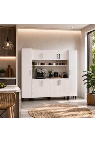 Mantra 190 Cm Sağ Sol Dolaplı Kahve Köşesi Çok Amaçlı Dolap Kiler Mutfak Dolabı Beyaz