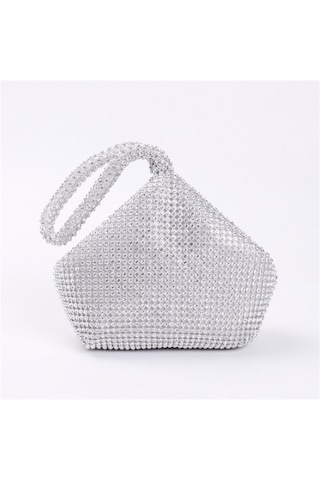 Dofolink Gümüş Büyük Taşlı Gece Çantası - El Kayışıyla Düğün, Parti Ve Özel Etkinlikler İçin Trihedral Şapka Kapanmalı Parlak Clutch GÜMÜŞ