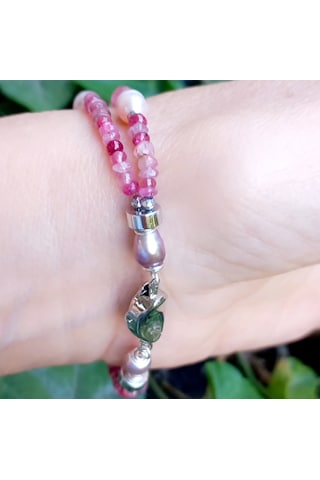 2844 Spinel Yakut Doğal İnci Hematit El Yapımı Bileklik Açık Pembe