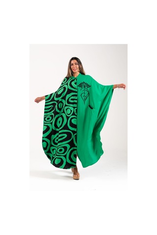 Kadın Yeşil Sıfır Yaka Desen Garnili Nakışlı Cepli Oversize Uzun Elbise - Yesıl