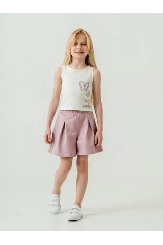 Kız Çocuk Pamuklu Pileli Kelebek Baskılı Şortlu Takım-15889 Çok Renkli