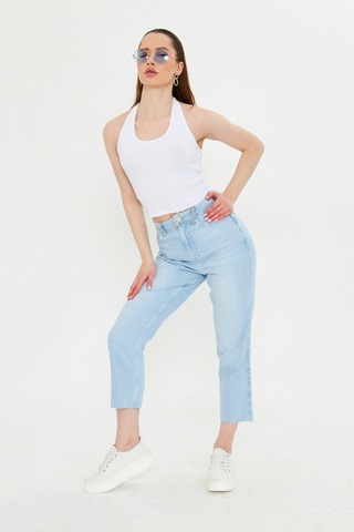 Kutaf Acık Mavi Mom Kalıp Paçası Kesik Jean Açık Mavi