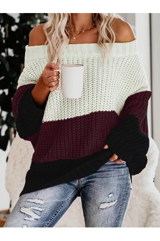 Kadın Uzun Kollu Madonna Yaka Çizgi Desenli Salaş Triko Antrasit Melanj