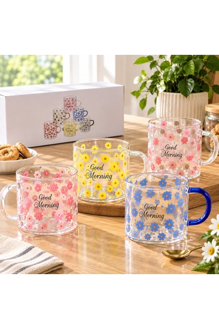 Çemi 6 Adet Borosilikat Cam Kupa 'good Morning' Yazılı Papatya Desenli Isıya Dayanıklı Cam Kahve & Çay Kupası Seti Şeffaf