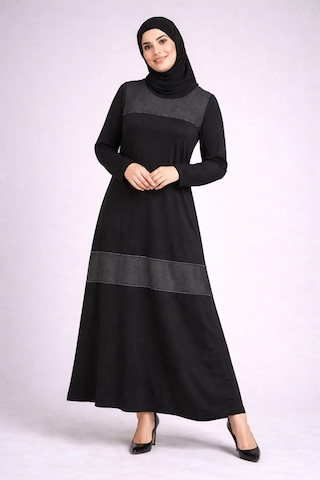 Hira Life Fashion Kadın Önü Desenli Taş Detaylı Düz Tessetür Elbise Siyah Siyah