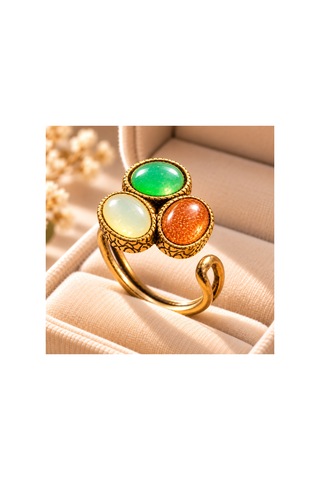 Esoo Jewelry Doğal Taş Detaylı 3 Taşlı Vintage Gold Ayarlanabilir Kadın Yüzük - Yeşil Beyaz Kahve Çok Renkli