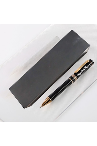 Kişiye Özel İsim Yazılı Lüks Tükenmez Kalem Siyah Gold Kutulu Hediye Kalem Siyah