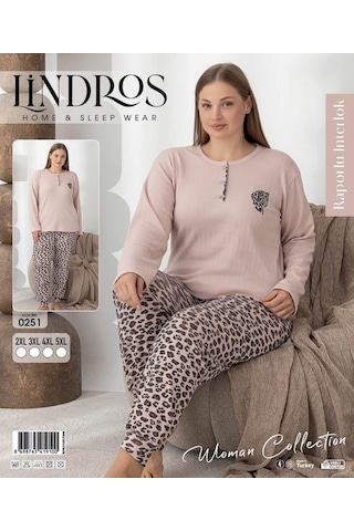 Lindros Kadın Pamuk'lu Düğme Yaka Raporlu İnterlok Kışlık Battal Pijama Takımı 0251 - 1 Adet Bej