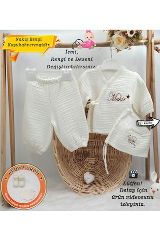Gros Shop Yeni Doğan Müslin 3'li Kimono Bağcıklı Tulum %100 Pamuk Organik Kişiye Özgü İsimli Nakış Desenli Ekru-2