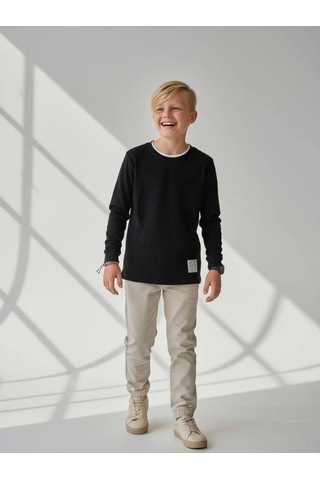 Zekids Erkek Çocuk Pamuklu Dokulu Kumaş İnce Uzun Kollu Sweatshirt-16630 Siyah