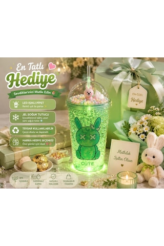 Led Işıklı Pipetli Kawaii Chibi Sevimli Tavşan Figürlü Çift Katlı İçecek Bardağı Suluk 450 Ml Yeşil
