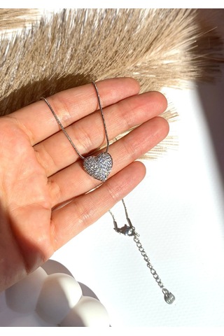 Gümüş / Silver Renk Zirkon Taşlı Kalp Figürlü 316l Çelik Kolye