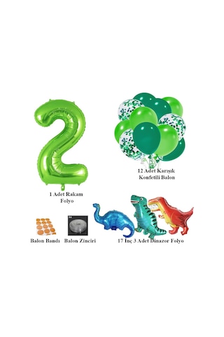2 Yaş Dinazor Set Rakam Folyo, 3 Adet Mini Dinazor Ve 10 Lu Balon