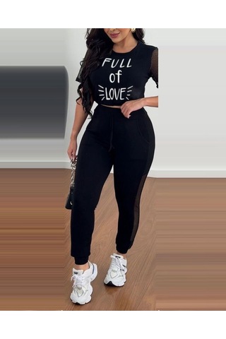 Modaserdem Kadın Kısa Kollu Bisiklet Yaka File Detaylı Viskon Iki Iplik Krop Ve Eşofman Altı Ikili Takım Siyah