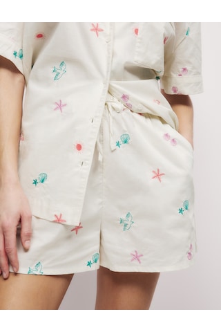 Marks & Spencer Saf Pamuklu Nakışlı Kısa Pijama Takımı T37002146J Krem