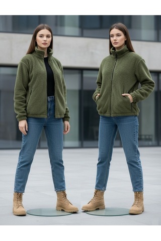 Kadın Oversize Peluş, Polar, Fermuarlı, Teddy Dik Yaka, Sıcak Tutucu Yumuşak Kışlık Ceket Haki
