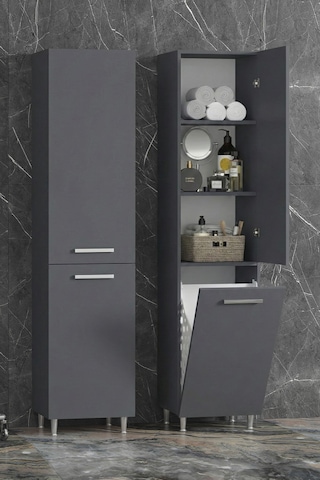 40x167 Cm Antrasit Gri Mdf Sepetli Ayaklı Banyo Boy Dolabı