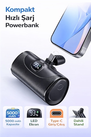 Direkt Telefona Takılan Mini Powerbank 5000 Mah Type-c Girişli Tüm Cihazlarla Uyumlu, Led Ekranlı, Standlı 5000 Mah