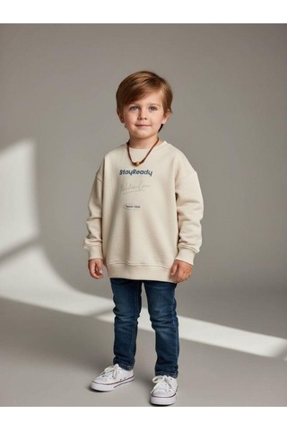 Zekids Erkek Çocuk Pamuklu Stay Yazılı İnce Uzun Kollu Sweatshirt-16334 Taş