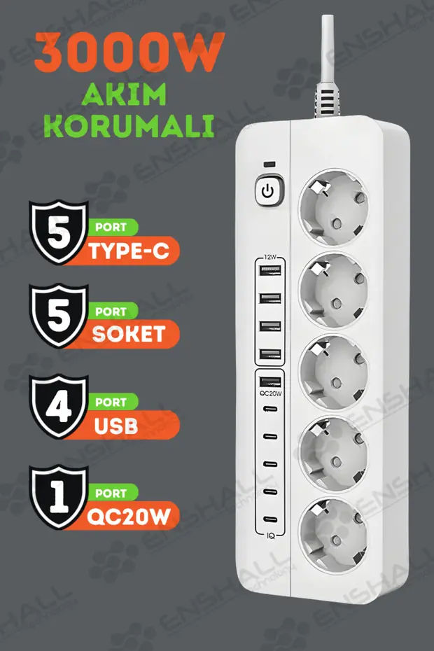 Pro P13 3000w Akım Korumalı 5 Girişli Type-c Ve Usb Girişli Uzatmalı Grup Priz Beyaz 2