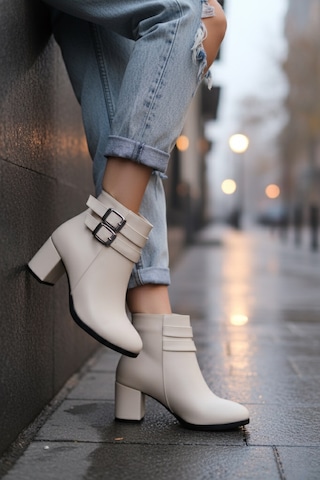 Kadın Hermina Çift Tokalı Kısa Bot Bej Deri