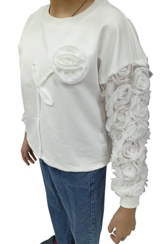 Kız Çocuk Tül Kollu Gül Detaylı Sweatshirt Ve Bol Paça Kot Pantolon Takımı Beyaz