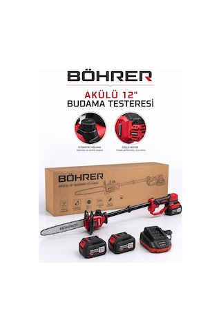 Böhrer Ba011518 12 İnç 30 Cm Akülü Budama Testeresi 21v Çift Akülü Otomatik Yağlamalı Uzayabilir Dal Budama T