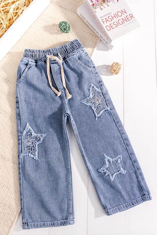 Babymod Yıldız Detaylı Beli Lastik Belli Bol Paca Denim Kız Çocuk Pantolon Mavi
