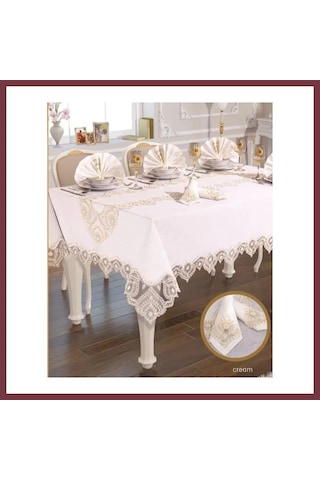 Storeşahin Kartanesi Gardenya Keten Yemek Takımı Masa Seti 12 Kişilik 26 Parça 160 220 Cm Runner Set Krem Shn0720