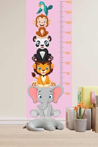 Sevimli Safari Hayvanları Boy Ölçüm Cetveli Boy Ölçer Sticker Pembe