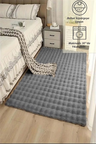 Raschel Carpet Koyu Gri Yumuşak Bubble Kaymaz Özel Taban Peluş Halı Yolluk