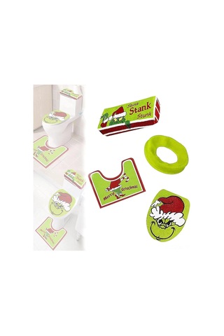 Qingmipy Grinch Noel Banyo Seti - 4 Parça Tuvalet Kapağı, Koltuk Pedi Ve Halı Yeşil Noel Dekoru